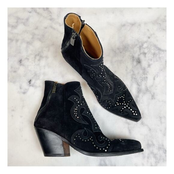 Jo Ghost Espalier Black Suede Embroidered Studded Western Boots - Picture 1 of 10